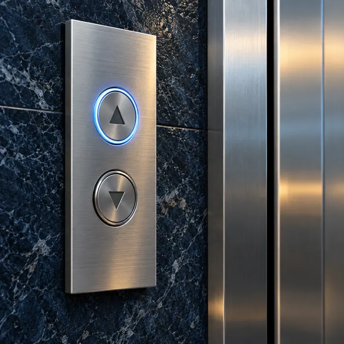 Precision elevator call panel with blue illumination