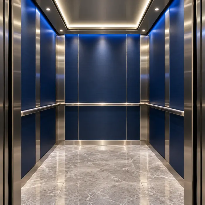 Refined navy and stainless-steel elevator cabin
