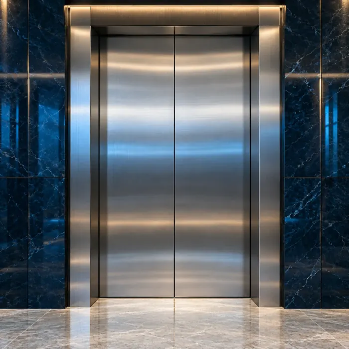 Stainless elevator doors framed in deep navy stone