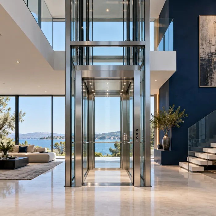Panoramic glass elevator in a modern home