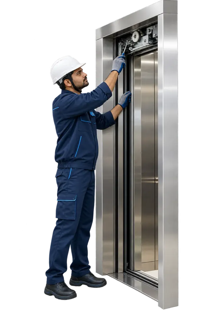 Elevator technician inspecting a modern lift door mechanism