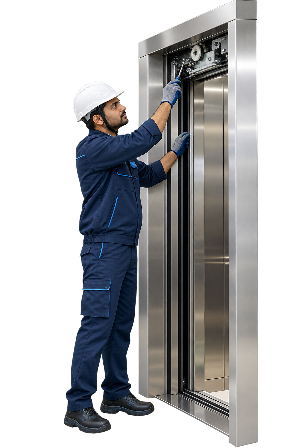 Elevator technician inspecting a modern lift door mechanism