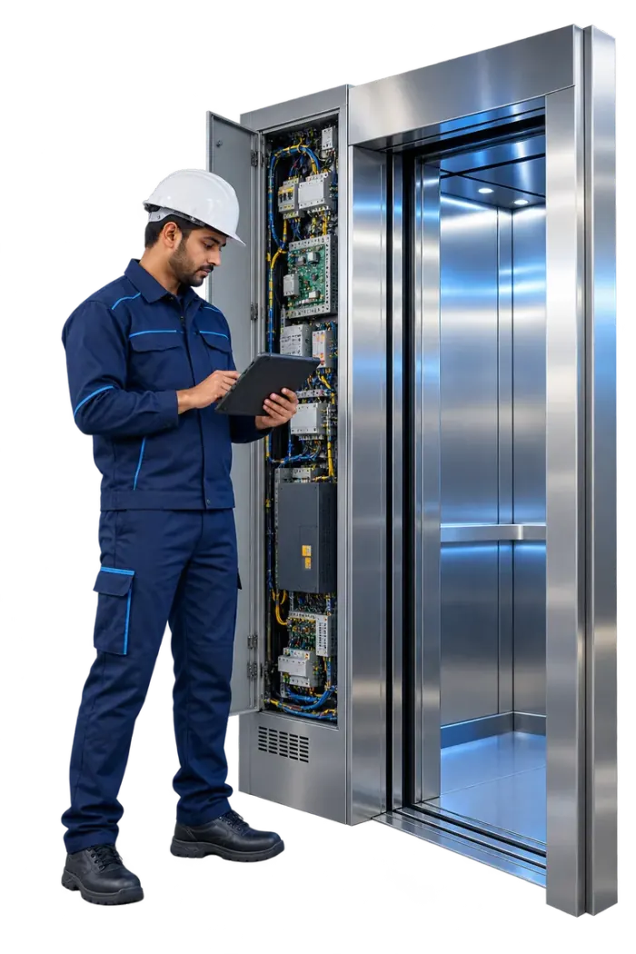 Elevator technician inspecting the control system during scheduled maintenance