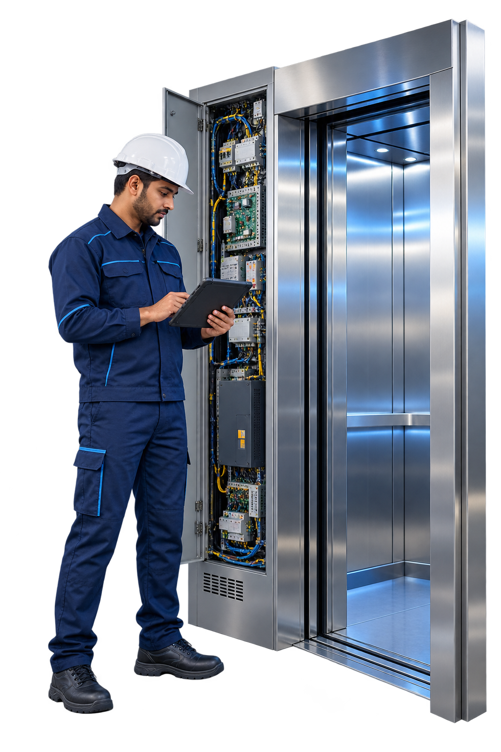 Elevator technician inspecting the control system during scheduled maintenance