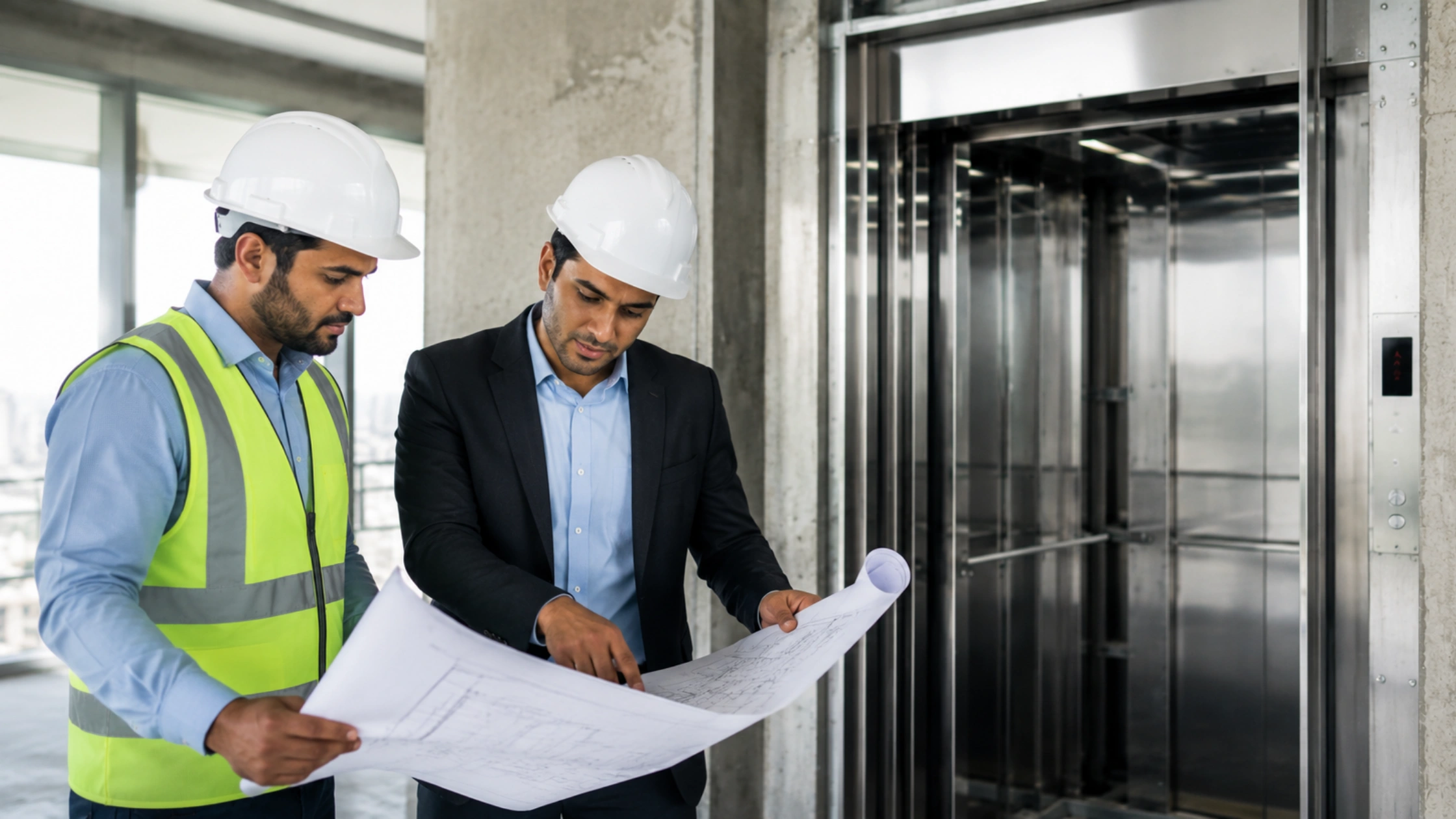 Builders reviewing elevator plans at a construction site
