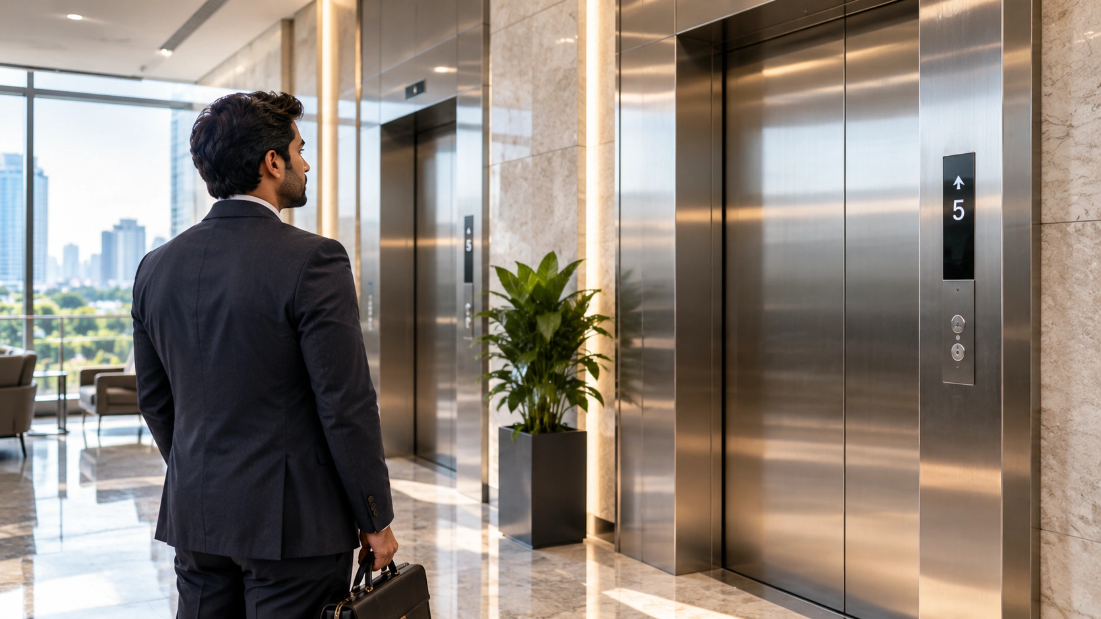Businessman comparing modern energy-efficient elevators in a bright corporate lobby