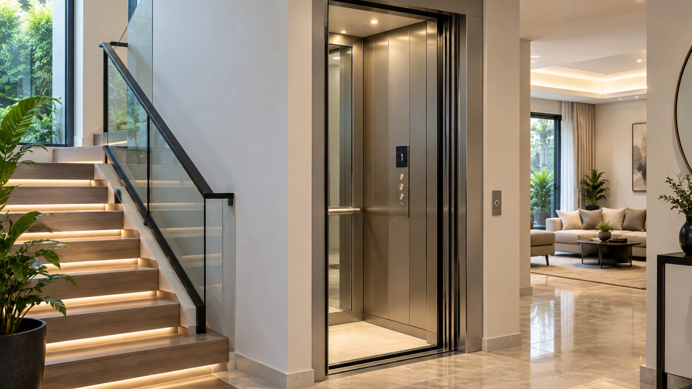 Compact home lift beside a modern staircase