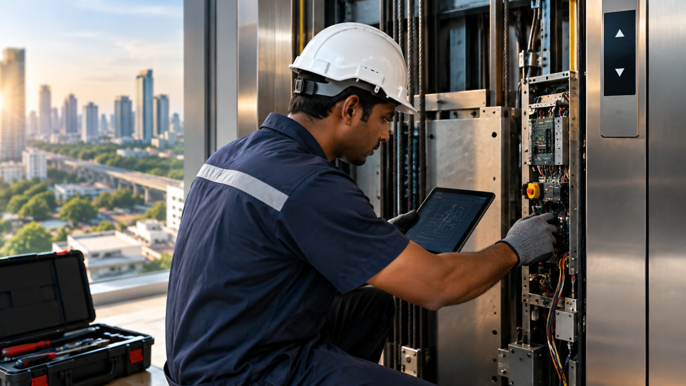 Elevator technician inspecting a control panel during repair