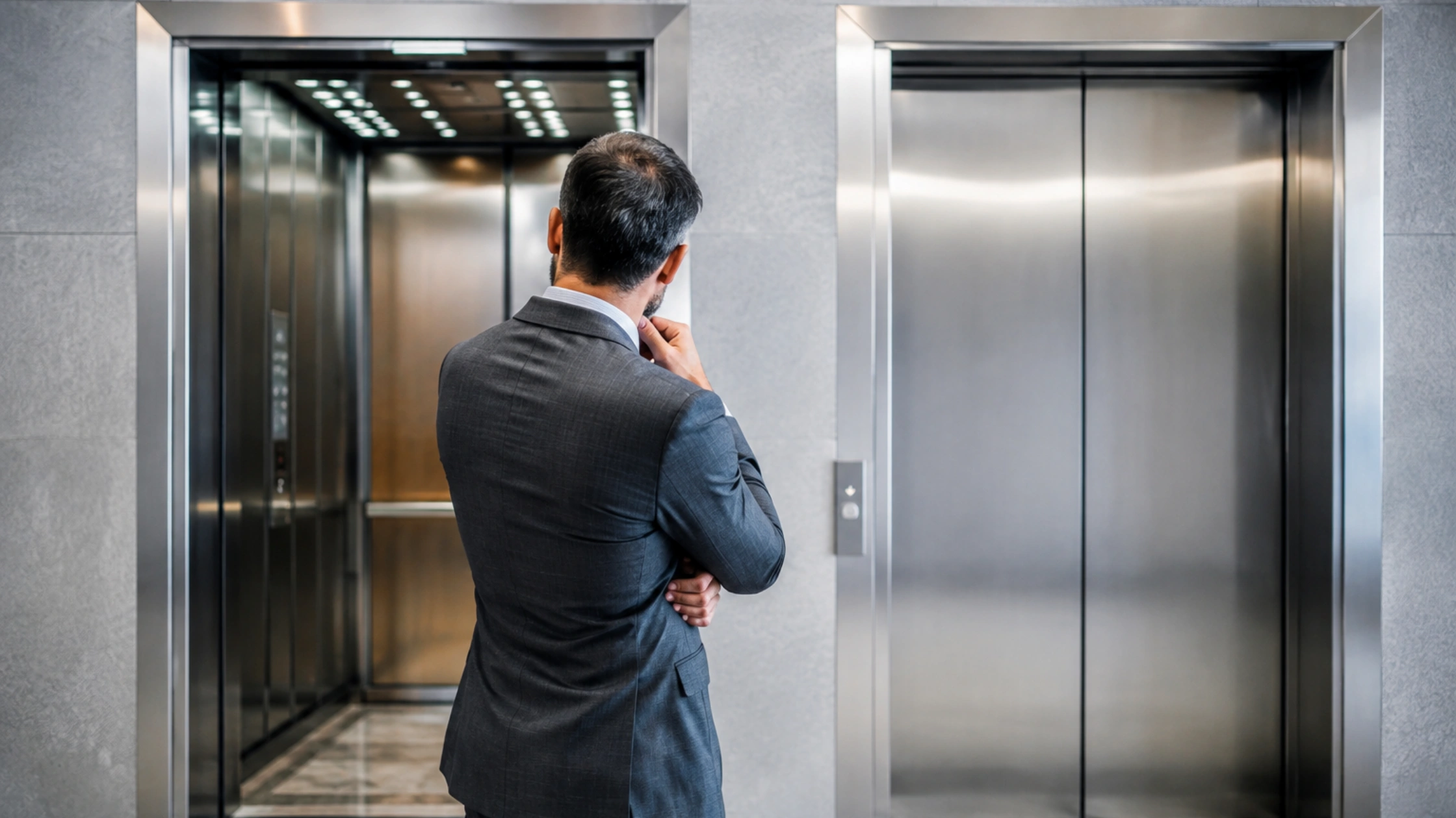 Elevator technician inspecting a modern elevator system in a professional building
                            lobby