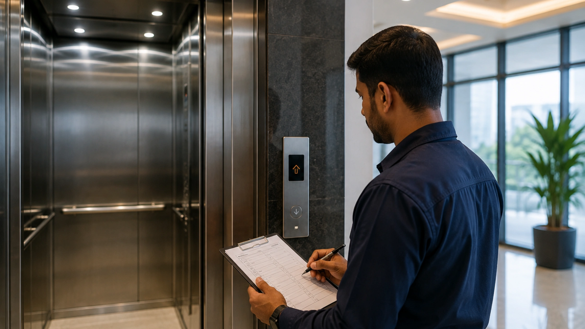Elevator technician inspecting and documenting maintenance performance beside a
modern commercial building elevator