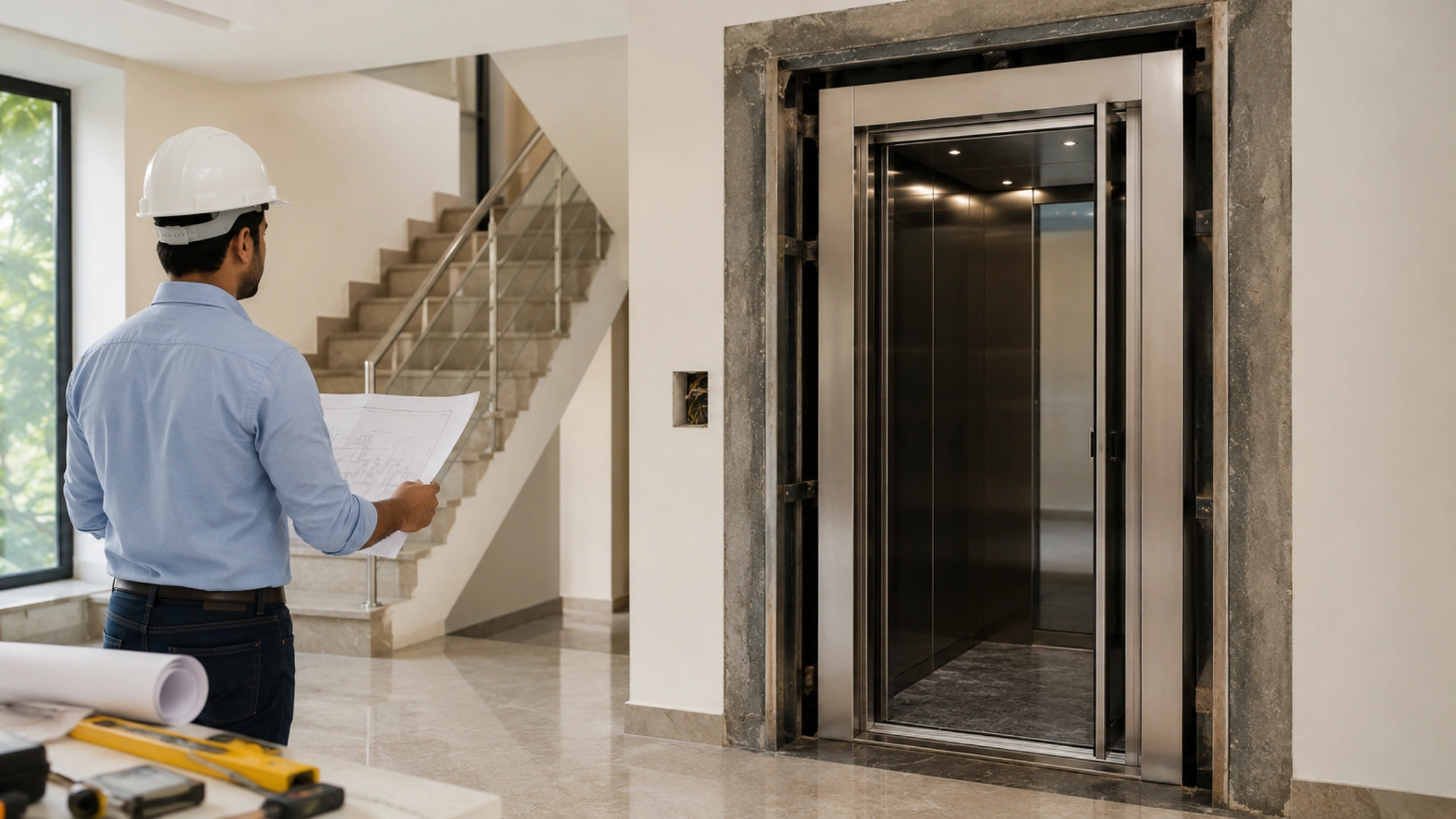 Homeowner reviewing elevator installation plans beside a modern residential
elevator under construction