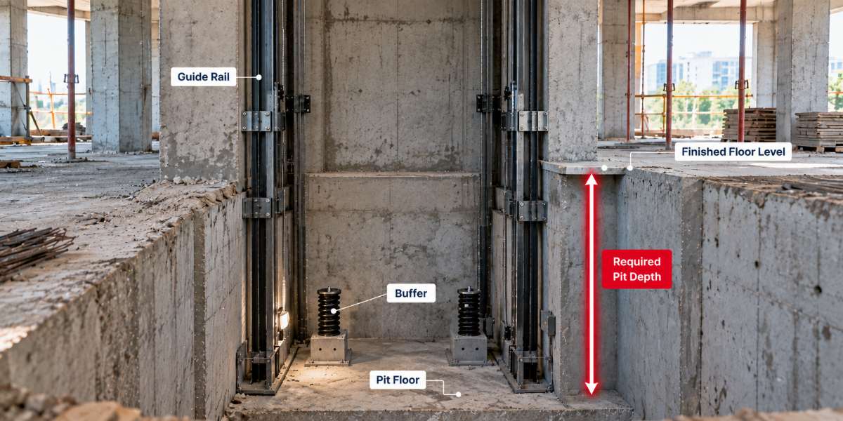 Elevator Pit Depth measured inside an unfinished lift shaft