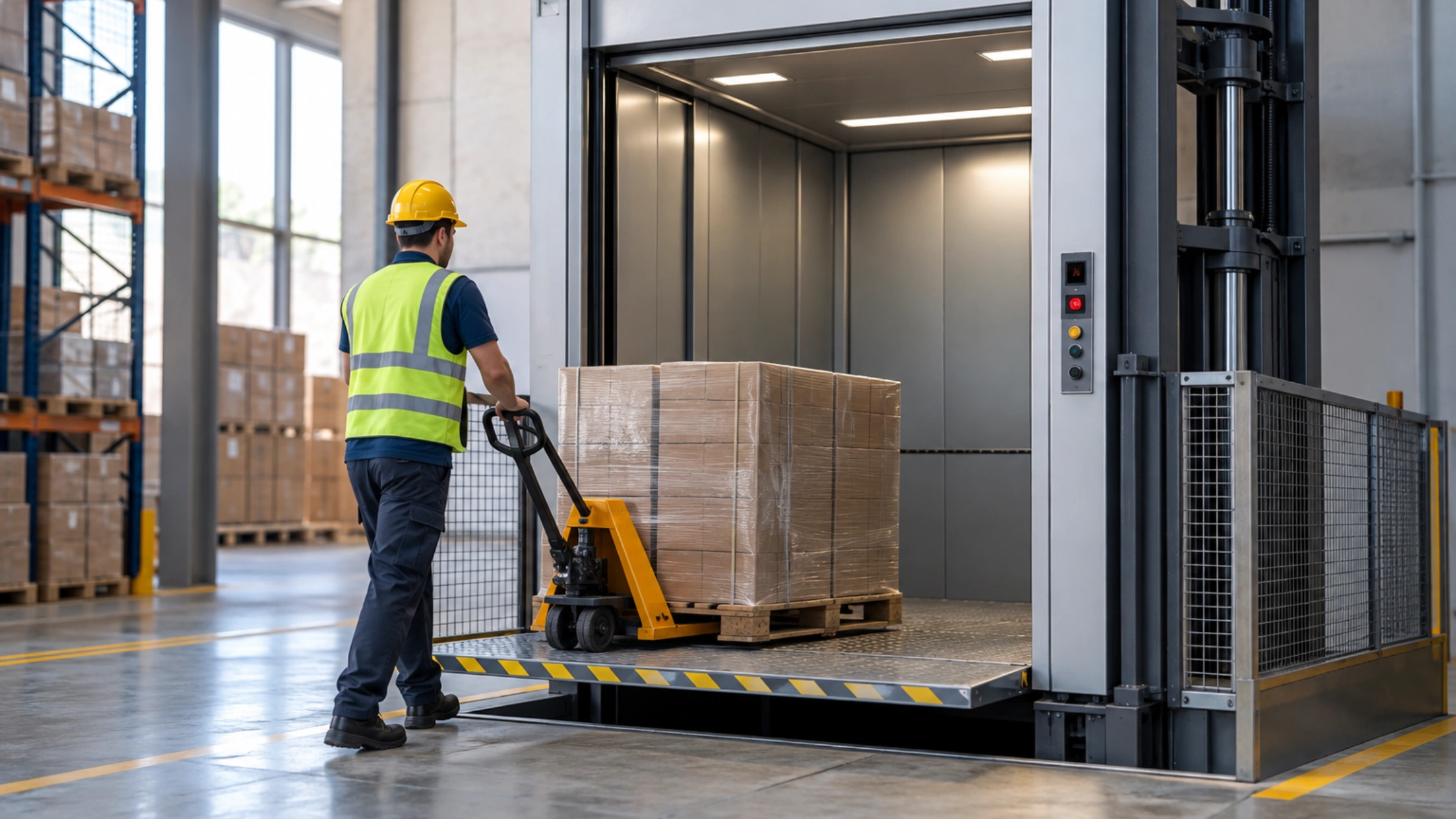 Hydraulic goods lift carrying pallets in a warehouse