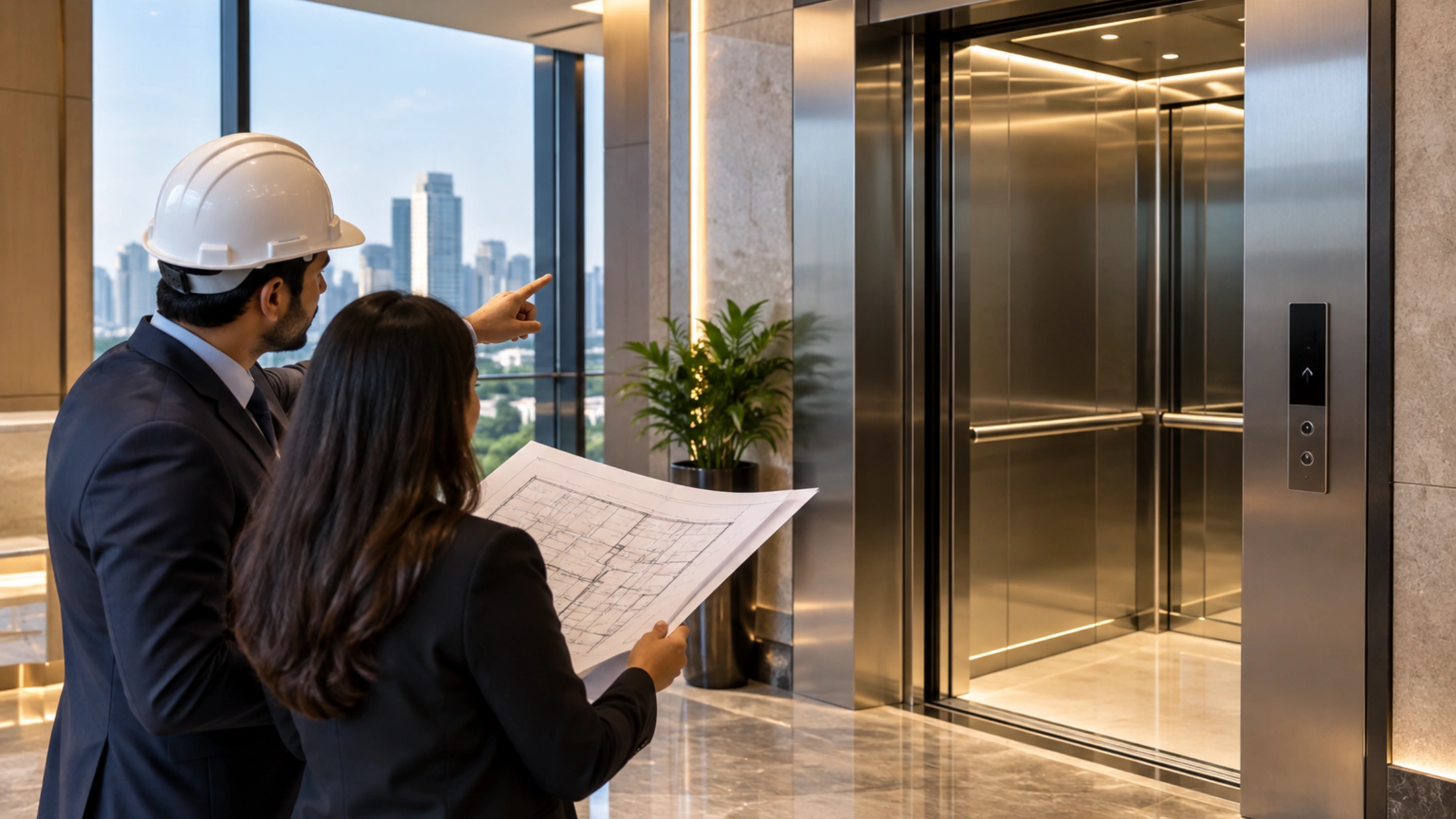 Passenger lift with builders reviewing plans