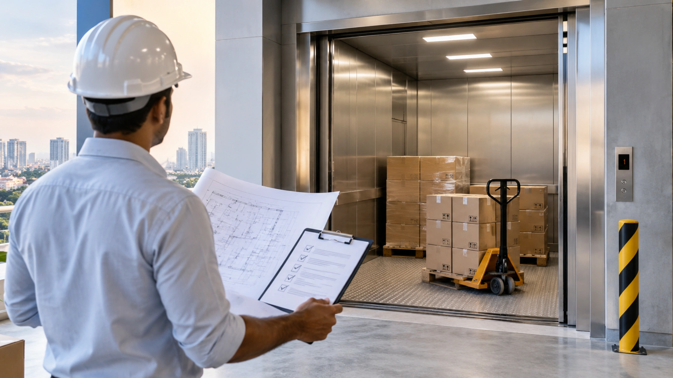 Worker inspecting a goods lift loaded with pallets and boxes